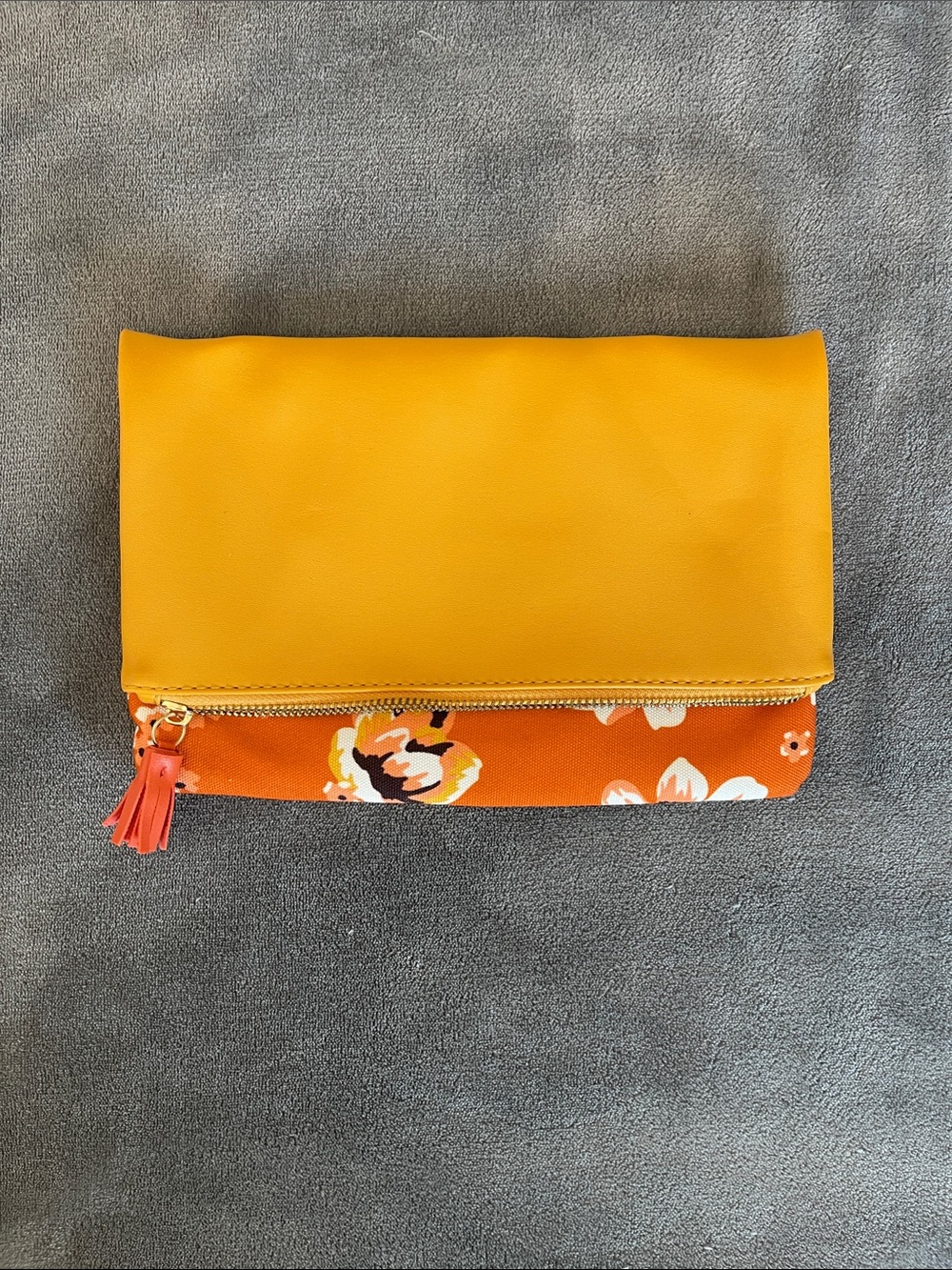 Rachel Pally Yellow Foldover Clutch with Orange Floral Zip Panel